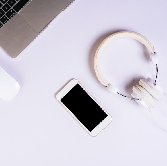 Flat lay, top view office table desk. Workspace background